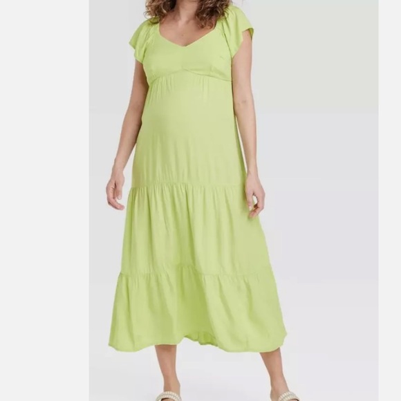 NEW Isabel Maternity Lime Green Tiered Midi Flutter Dress - Picture 2 of 4